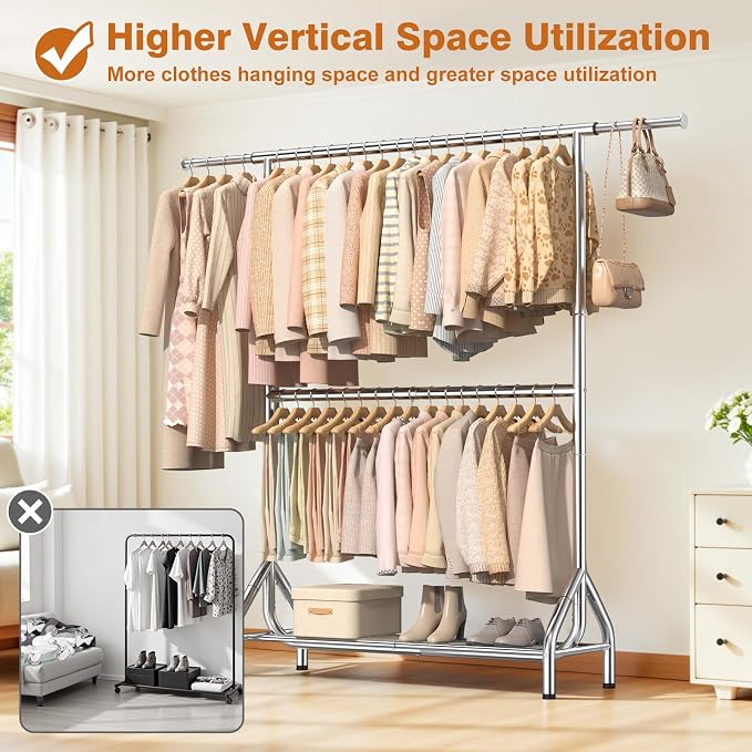 EAGMAK Double Rod Clothing Rack Load 622 LBS, Heavy Duty Clothes Rack for Hanging Clothes, 82.68 inch High Garment Rack with Sotrage Shelves, Metal Clothing Hanger Closet Wardrobe Organizer (Silver)