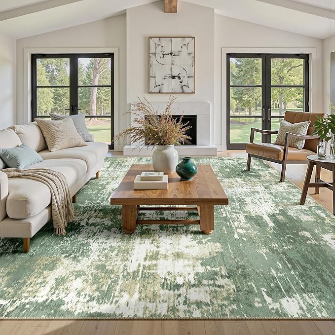 RELEANY Washable 8'x10' Abstract Area Rug for Living Room Light Green | Carpet for Bedroom, Kitchen, Office, Hallway and Entryway, Printed Pattern, Non‑Slip, Soft, Stain‑Resistant, Easy to Clean