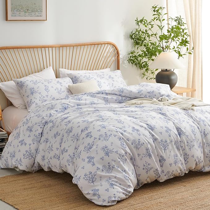 Nayoroom Blue Floral Duvet Cover Set King Spring Cottagecore Bedding | Soft Breathable Washed Microfiber, All-Season Comfort, Hidden Zipper, 4 Corner Ties, Modern Farmhouse Aesthetic Bedding