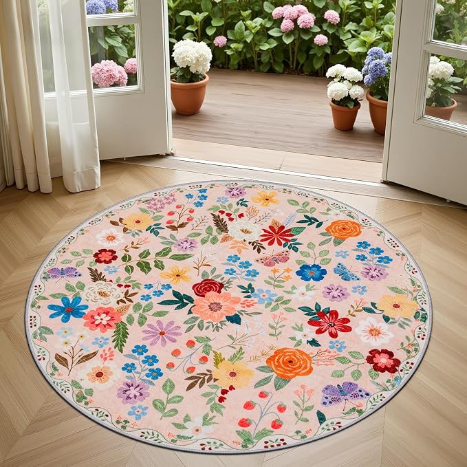 PLHXFR Round Area Rug Living Room: 4 ft Floral Washable Soft Carpet Beige | For Bedroom Dining Room Farmhouse Nursery Hallway,Vintage Floral,Machine washable,Non Slip,Stain Resistant,Large Indoor