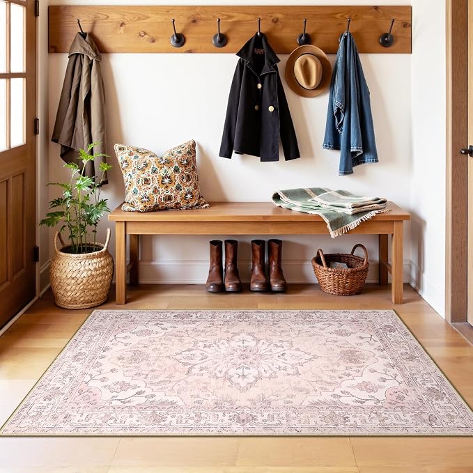 RELEANY Washable Area Rug, 3'x5', Pink | Non-Slip, Water Repellent, Pet Friendly, Easy to Clean, Vintage Floral Boho Decor for Living Room Bedroom Beside Kitchen