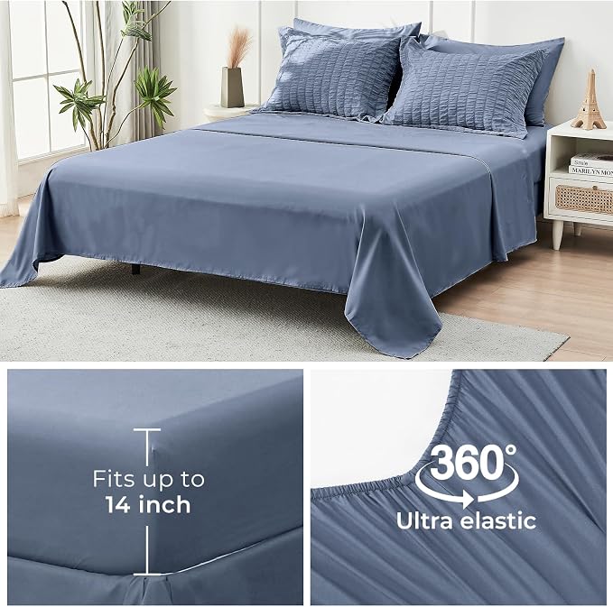 HYMOKEGE Nordic Blue California King Comforter Set Seersucker 7 Pieces, All Season Luxury Bed in a Bag for Bedroom, Bedding Set with Comforter, Sheets, Pillowcases & Shams