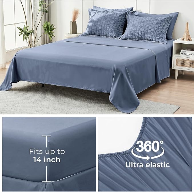 HYMOKEGE Nordic Blue Twin Comforter Set Seersucker 5 Pieces, All Season Luxury Bed in a Bag for Bedroom, Bedding Set with Comforter, Sheets, Pillowcase & Sham