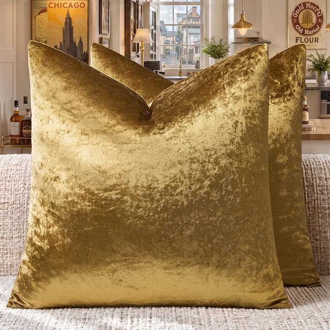 GIGIZAZA Gold Velvet Pillow Covers 20x20 Decorative Pillows Pack of 2 | Throw Pillows for Couch Sofa,300gsm Soft Textured Fabric,Modern Square Accent Pillowcases,Luxury Cushion Covers