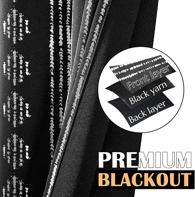 jinchan Boho Blackout Curtains 63 Inch Length for Bedroom Living Room | Silver on Black Geometric Foil Printed Grommet Curtains Room Darkening Thermal Insulated Window Treatments 2 Panels
