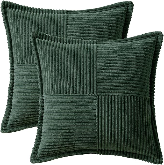 MIULEE Decorative Throw Pillow Covers for Couch 18x18 Inch Dark Green | 2 Pack, Boho Broadside Striped Patchwork Pillow Covers, Soft Corduroy Cushion Cases, For Sofa Bed Livingroom Home Decor