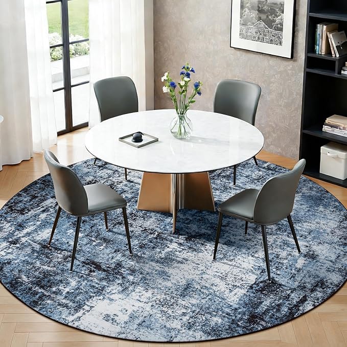 Rugflix Round Area Rugs 8Ft for Living Room, Washable Navy Blue Circle Rug | Machine Washable; Stain-Resistant; Low Pile; Non-Slip; Modern Abstract; Black Carpet for Bedroom Dining Office Nursery Home