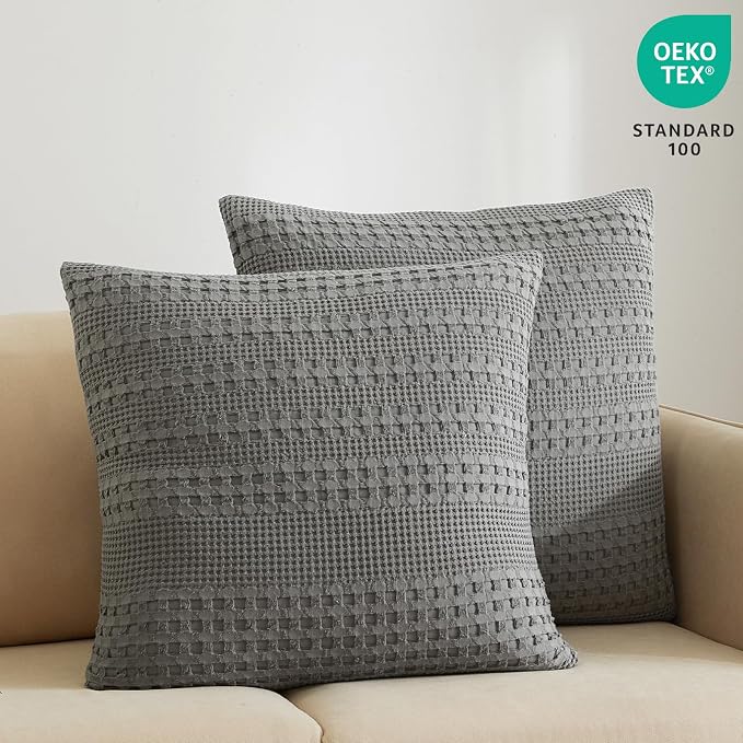 PHF 100% Cotton Waffle Weave Pillow Covers 24" x 24", 2 Pack Luxury Square Shell for Elegant Home Decor, No Filling, Luxury Aesthetic Soft Pillow Covers for Bed, Dark Grey