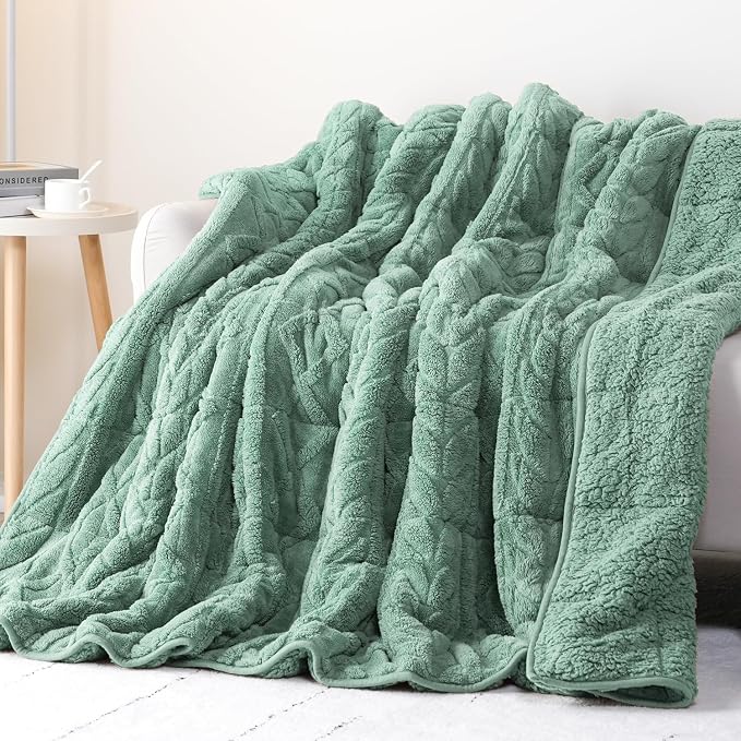 Cottonblue Jacquard Weighted Blanket 15 lbs for Adults Queen Size 60x80in | Ultra Soft Sherpa Fleece Weighted Blankets for Better Sleep Calm Relax, Cozy Warm Sofa Bed Heavy Blanket Throw, Sage Green
