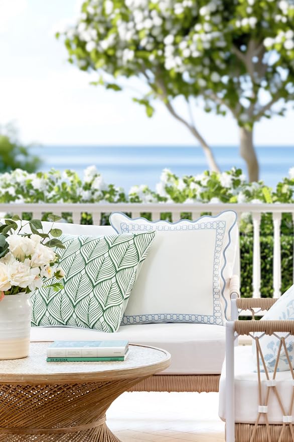 Hofdeco Premium Coastal Patio Indoor Outdoor Throw Pillow Cover Only, 20"x20" Water Repellent for Backyard, Couch, Green Print Geometric Leafs