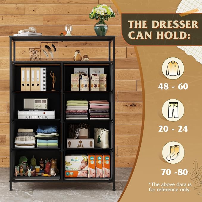 WLIVE 8 Drawer Black Fabric Dresser Open Shelves, Tall Storage Tower | Black fabric drawers plus open shelves, steel frame with wood top, great for bedroom closet entryway and dorm storage