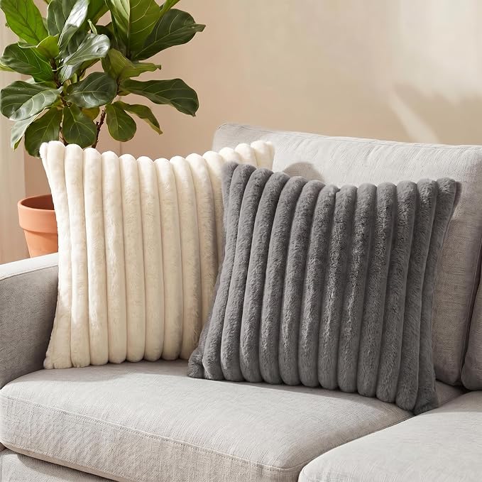 Pack of 2 Throw Pillow Covers 20x20 Decorative Solid Plush Faux Fur with Soft Velvet Back, Square Striped Cushion Cases Modern Farmhouse Home Decor for Living Room Couch Sofa Bed Dark Gray