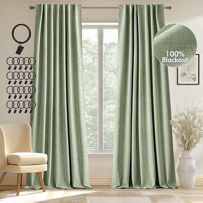 MIULEE 100% Blackout Curtains Linen Curtains & Drapes 84 Inch, Sage Green | 2 Panels, Full Black Out, Thermal Insulated, Room Darkening Window Curtains for Bedroom Living Room , Back Tab & Rod Pocket