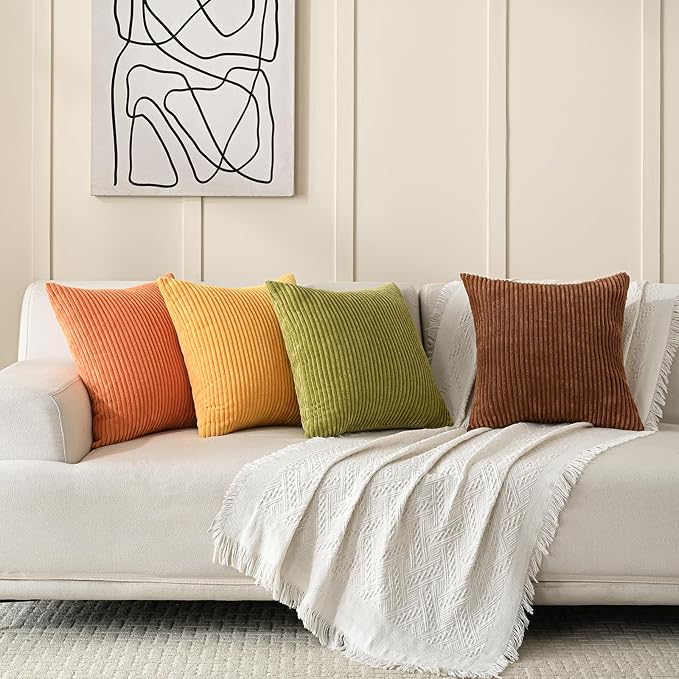 Volcanics Set of 4 Fall Orange Corduroy Throw Pillow Covers 18x18 Inch | Decorative Yellow Green Gradient Couch Pillow Covers, Rustic Western Striped Cushion Covers for Bed Sofa Living Room