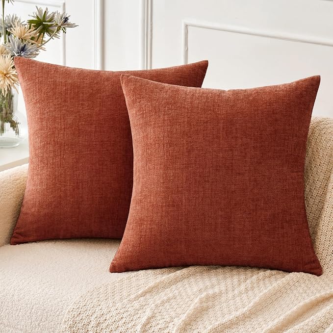MIULEE Soft Chenille Fall Throw Pillow Covers Burnt Orange 16x16 Pack of 2 | Modern Fall Home Decor, Classic Decorative Pillows, Solid Dyed Cases, Boho Couch Cushion Covers for Sofa Bed Living Room