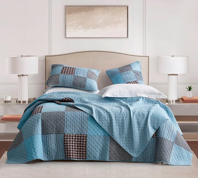 Chezmoi Collection Bram 3-Piece Patchwork Quilt Set King - Pre-Washed Cotton Solid Plaid Multi Striped Coverlet - Lightweight Reversible Bedspread Bedding Set King Size