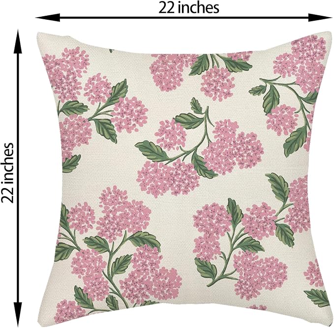 Preppy Pink Pillow Covers 22x22 Inch 2 Pcs Green Hydrangea Flower Decor Throw Pillows Vintage Floral Seasonal Spring Summer Outdoor Decoration Pillowcase Linen Cushion Cover for Couch Sofa