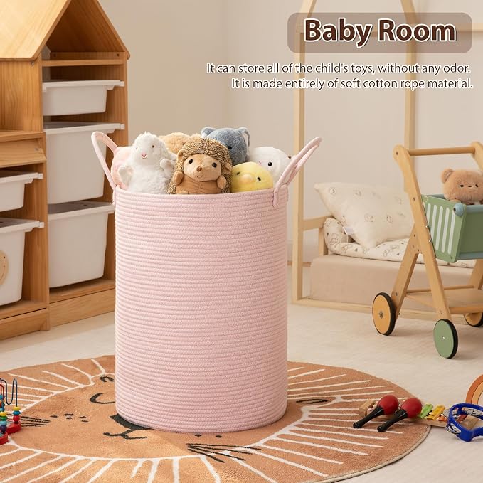 OIAHOMY 100L Nursery Hamper Laundry Basket Laundry Hamper Pink | collapsible Blanket Basket Cotton Rope Woven Basket Dirty Clothes Hamper Baby Hamper Tall Clothes Hamper with Handles