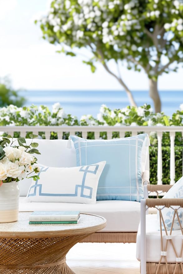 Hofdeco Premium Coastal Patio Indoor Outdoor Throw Pillow Cover Only, 20"x20" Water Repellent for Backyard, Couch, Baby Blue Embroidered Line Frame