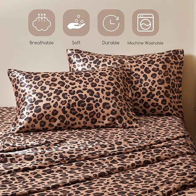 MR&HM Satin Sheets Twin Size with Elastic Corner Straps, Brown Leopard | Similar to Silk, 3-Piece Silky Soft Bed Sheet Set, Gentle on Skin and Hair, 15" Deep Pocket, Cooling & Breathable
