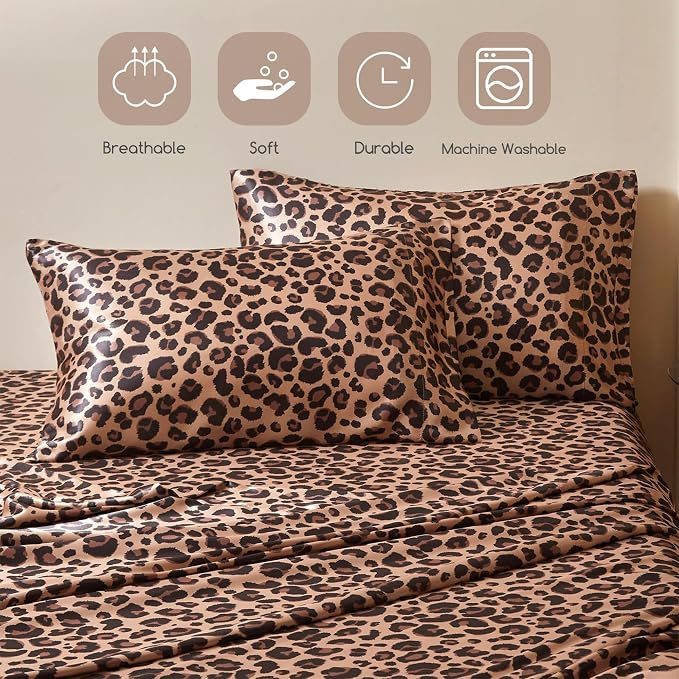 MR&HM Satin Sheets California King Size Sheet Set, Brown Leopard, 4 Pieces | Silky Bed Sheets with Elastic Corner Straps, 15" Deep Pocket, Similar to Silk, Gentle on Skin and Hair, Soft & Cooling