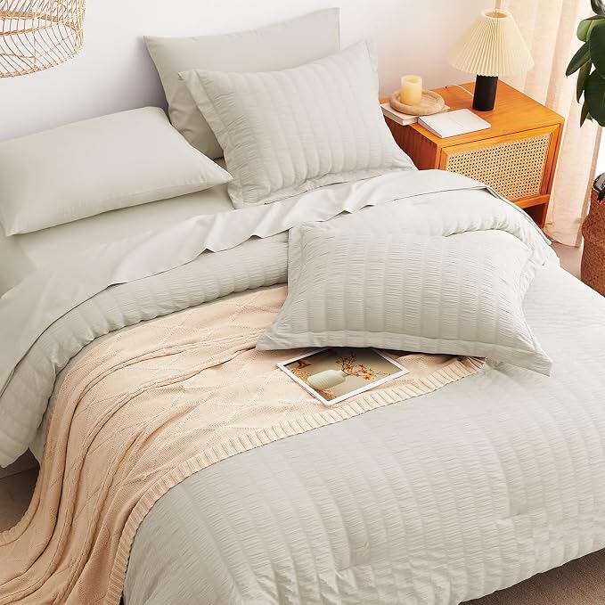 King Size Comforter Set, 7 Pieces Oatmeal Seersucker Bed in a Bag | OEKO-TEX Certified, All Season Bedding Set with 240 GSM Down Alternative Comforter, Flat & Fitted Sheets, Pillowcases & Shams