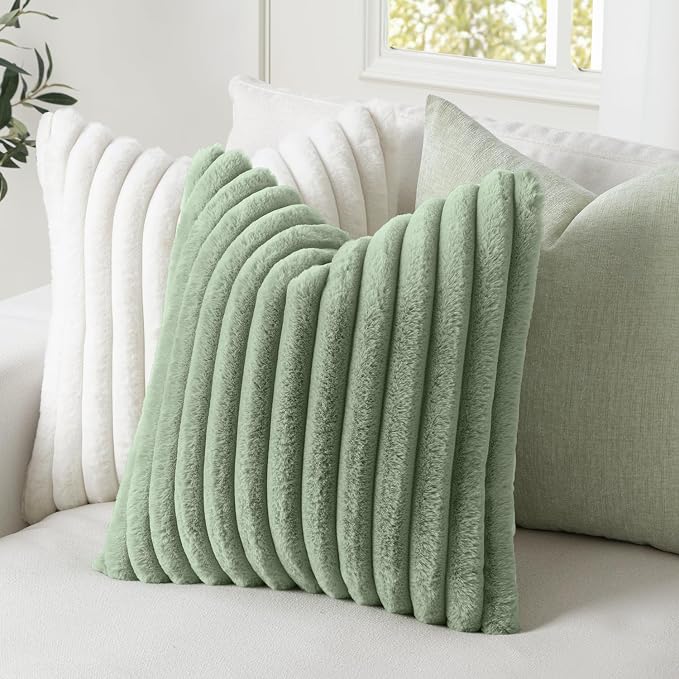 MIULEE Faux Fur Decorative Throw Pillow Covers 16x16 Set of 2 Sage Green | Modern Soft Plush Couch Pillows, Cozy Fluffy Cushion Covers for Sofa Bed Living Room Home Decor
