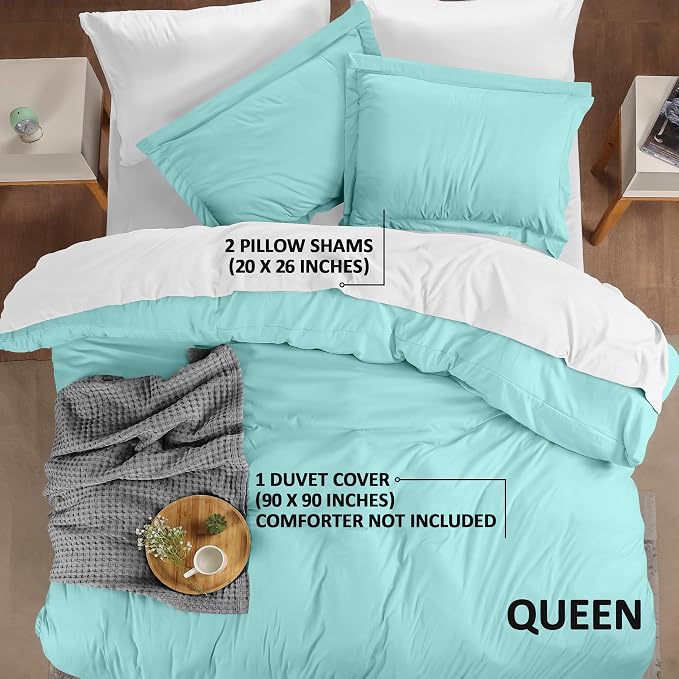 Duvet Cover Queen, 3 PC Cotton Like Polyester With Zipper Closure, Spa Blue | Extra Soft and Breathable, Wrinkle & Fade Resistant, Includes Duvet Cover and 2 Pillow Shams, Comforter Not Included, OekoTex