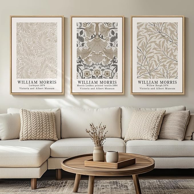 Framed William Morris Vintage Wall Art Set of 3, Large Neutral Botanical Floral Canvas Prints, Nature Rustic Boho Artwork for Living Room, Bedroom, Hallway or Office, 24x36 Inch