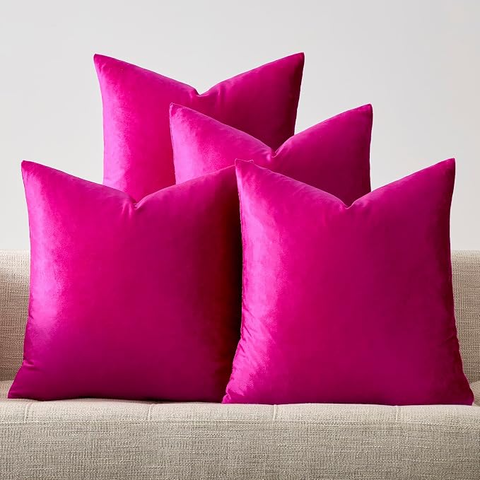 GIGIZAZA Pack of 4 Decorative Velvet Pillow Covers 18x18 Hot Pink | Throw Pillows for Couch Sofa,280gsm Soft Textured Fabric,Modern Accent Pillowcases,Luxury Living Room Cushion Covers