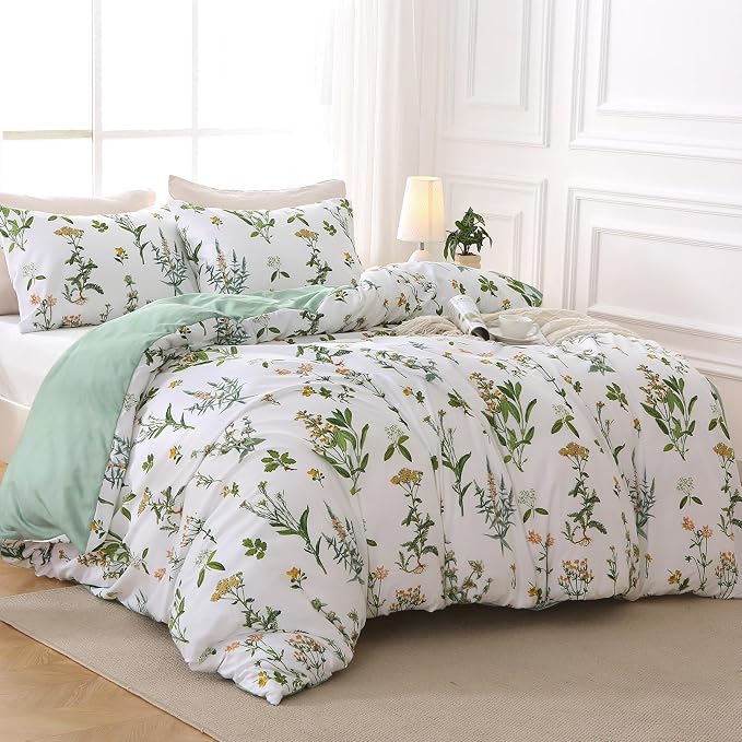 MUXHOMO Duvet Cover Queen Size, Reversible Floral Green Flower Duvet Cover Set with Zipper Closure, 3 Pieces Botanical Patterns Soft Microfiber Bedding Set with 4 Ties (90"x90", 2 Pillow Cases)