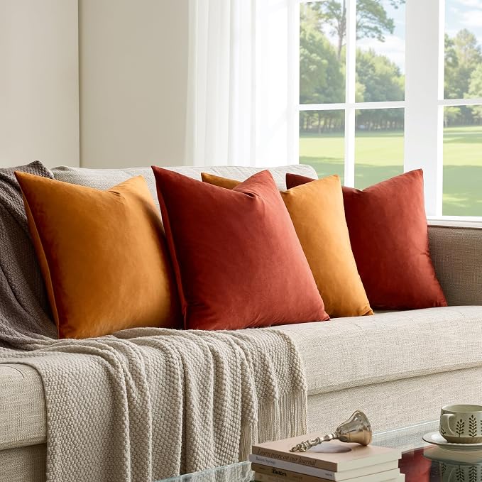 GIGIZAZA Pack of 4 Decorative Velvet Pillow Covers 16x16 Orange | Throw Pillows for Couch Sofa,280gsm Soft Textured Fabric,Modern Accent Pillowcases,Luxury Living Room Cushion Covers