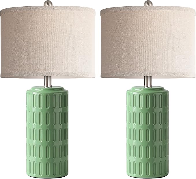 23" Farmhouse Modern Ceramic Table Lamp Set of 2 - Sage Green Bedside Lamps for Bedroom & Living Room, Nightstand, Desk, End Table