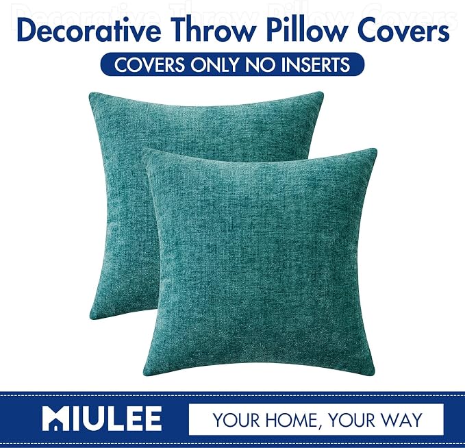 MIULEE Soft Chenille Throw Pillow Covers Teal 18x18 Inch Pack of 2 | Modern Home Decor, Classic Decorative Pillows, Solid Dyed Cases, Boho Couch Cushion Covers for Sofa Bed Living Room