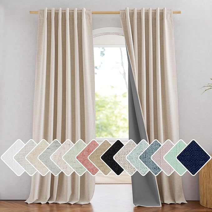 NICETOWN 102 inch Blackout Linen Curtains for Bedroom 2 PCs, Beige | Thermal Insulated, Farmhouse Style, Room Cooling Window Draperies for Dining Room, Bedroom for Daytime Sleep, W52" x L102"