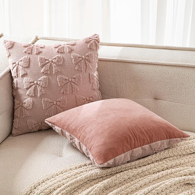MIULEE Blush Pink Bow Pillow Covers Coquette Room Decor 18x18 | Aesthetic Decorative Cute Girl,Set of 2 Cushion Covers,Soft Plush Faux Pillowcases,Preppy Room Decor Bedroom Couch