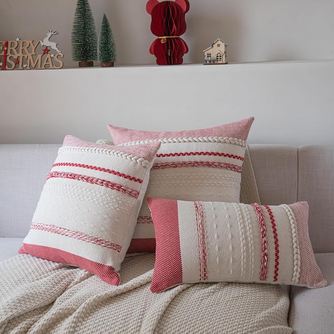 Cethom Christmas Pillow Covers 12x20 Inch Set of 2, Red Textured Boho Christmas Decoration Couch Pillow Cases for Farmhouse Home Decor, Accent Cushion Cover for Sofa, Bed, Living Room, Bedroom
