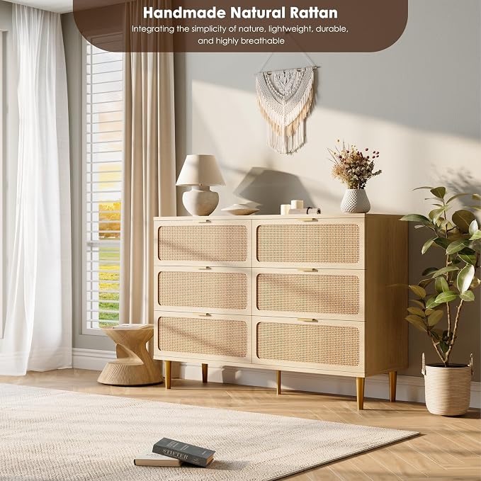 GarveeHome Rattan 6 Drawer Dressers for Bedroom, Deep Drawer, Natural | Tall Dresser, Wide Top, for Living Room, Hallway, Kids Room, Large Chest of Drawers for Closet, Long Wooden Dresser