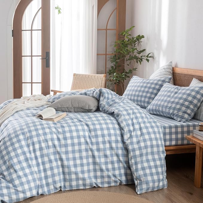 BESTOUCH Gingham Cotton Duvet Cover Set Cornflower Blue Twin | Washed Cotton, Linen Feel, Soft Wrinkle Texture, Hidden Zipper, 8 Ties, Breathable Lightweight Durable Comfy, 2 Pcs No Insert