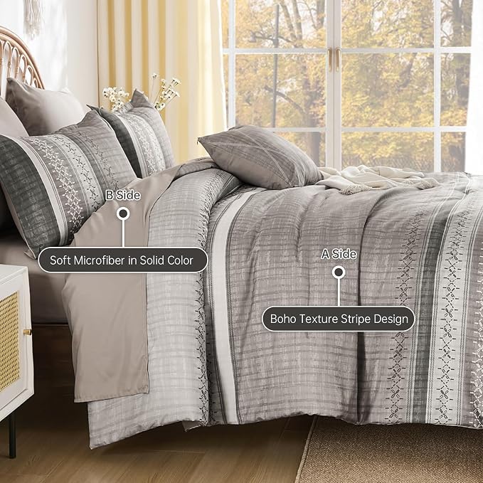 Dintszyayue Taupe King Comforter Size Set, 8 Pieces Striped Texture Bed in a Bag Bedding Sets, Lightweight Soft Comforter and Sheet Set, All Season Microfiber Teen Boys Bedding Sets for Men Women