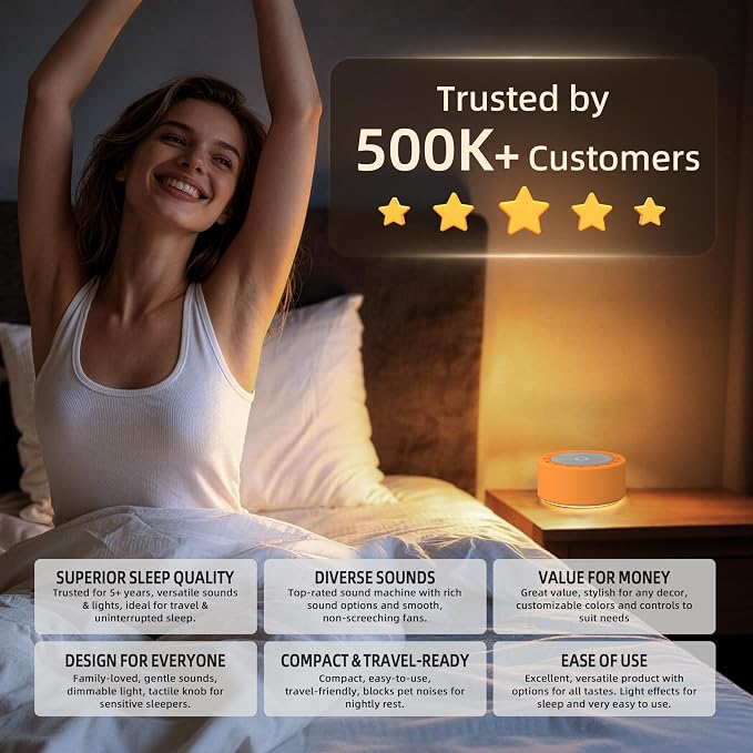 Kipcush White Noise Machine for Baby & Adults, 30 Soothing Sounds, Soft Non-Glare Nursery Lamp, 8 Color Night Lights, Memory Function (Angel V3 Orange, Standard)