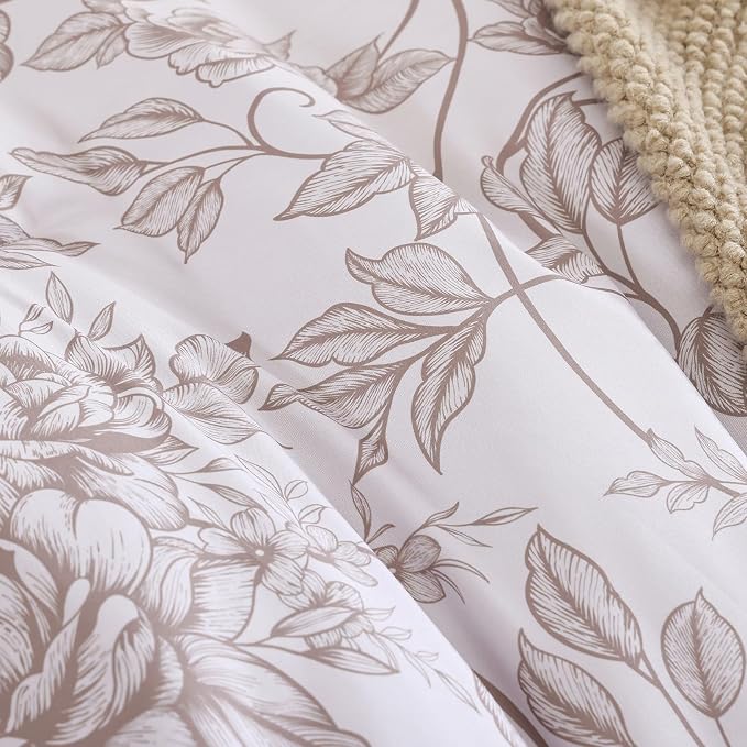 JANZAA Queen Size Comforter Set - Oatmeal Floral Shabby Chic Bedding | 3 Piece Cute Floral Bedding for All Season, 1 Soft Fluffy Breathable Microfiber Comforter Set with 2 Pillowcases