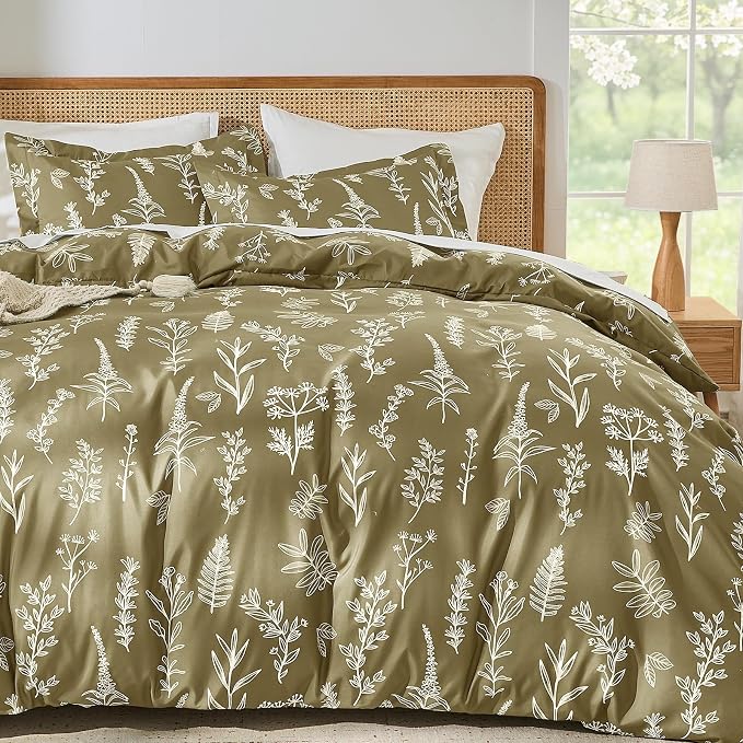 MUXHOMO Duvet Cover Full Size, Reversible Floral Olive Green Duvet Cover Set with Zipper Closure, 3 Pieces Botanical Patterns Soft Microfiber Bedding Set with 4 Ties (80"x90", 2 Pillow Cases)