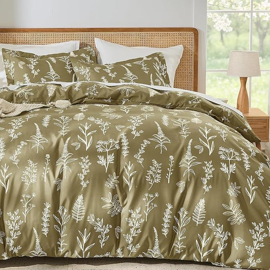 MUXHOMO Duvet Cover Full Size, Reversible Floral Olive Green Duvet Cover Set with Zipper Closure, 3 Pieces Botanical Patterns Soft Microfiber Bedding Set with 4 Ties (80"x90", 2 Pillow Cases)
