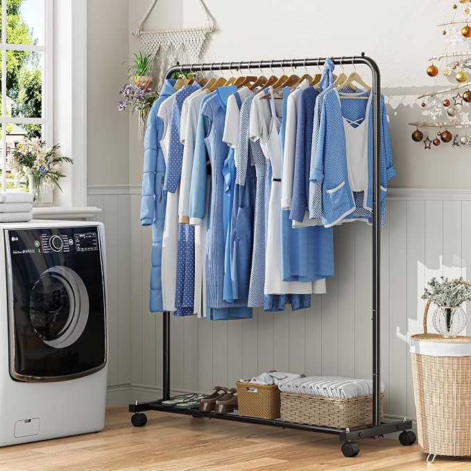 Simple Trending Clothing Rack, Portable Garment Rack, Clothes Rack, Black | Metal Frame, Bottom Shelf, 360° Lockable Wheels, Anti-Slip Stoppers, Bedroom, Laundry Room