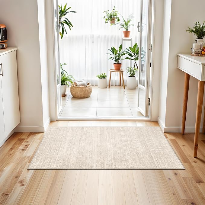 2x3 Rug Non Slip, Small Washable Entryway Rug Indoor Doormat Beige | Soft Low Pile, Thin & Lighweight Carpet, Folable Stain Resistant Modern Indoor Floor Mat for Living Room, Bedroom, Kitchen