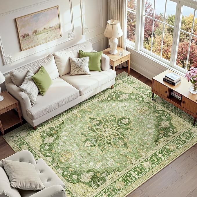 RELEANY Washable Area Rug, 6'x9', Green/Yellow | Non-Slip, Water Repellent, Pet Friendly, Easy to Clean, Vintage Floral Boho Decor for Living Room Bedroom Dining Room Office