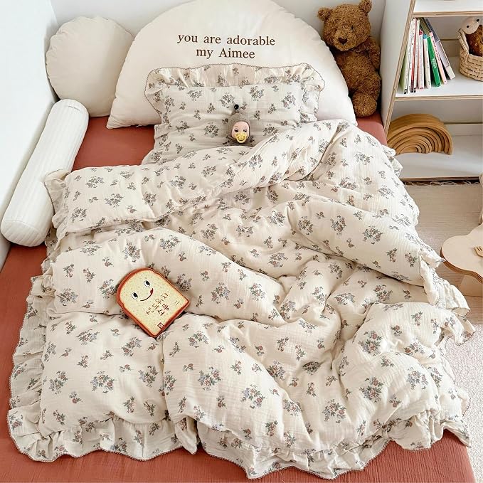Muslin Floral Duvet Cover for Toddler Girls, Chic Shabby Aesthetic Kids Duvet Covers with Ruffles, All Seasons Gauze Cotton Toddler Bed Comforter Cover with Zipper, 47"x59", No Pillowcases