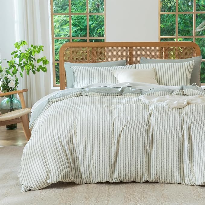 King Size Comforter Set Striped Soft Luxury Washed Microfiber Jacquard 3 Pieces Bedding, Sage Green Vertical Ticking Stripes Pattern Comforter with 2 Pillowcases Breathable Durable Comfy