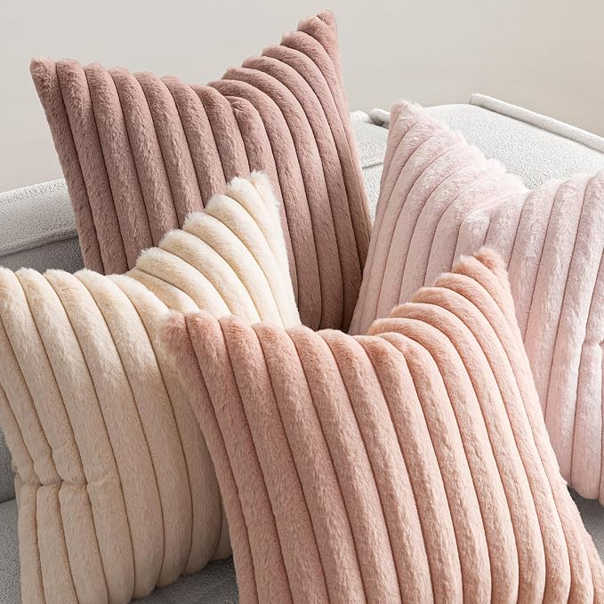MIULEE Faux Fur Plush Decorative Throw Pillow Covers 18x18, Pink | Set of 4, Striped, Soft Cute Romantic Modern Home Decor, Cushion Cases for Sofa Couch Bed Living Room